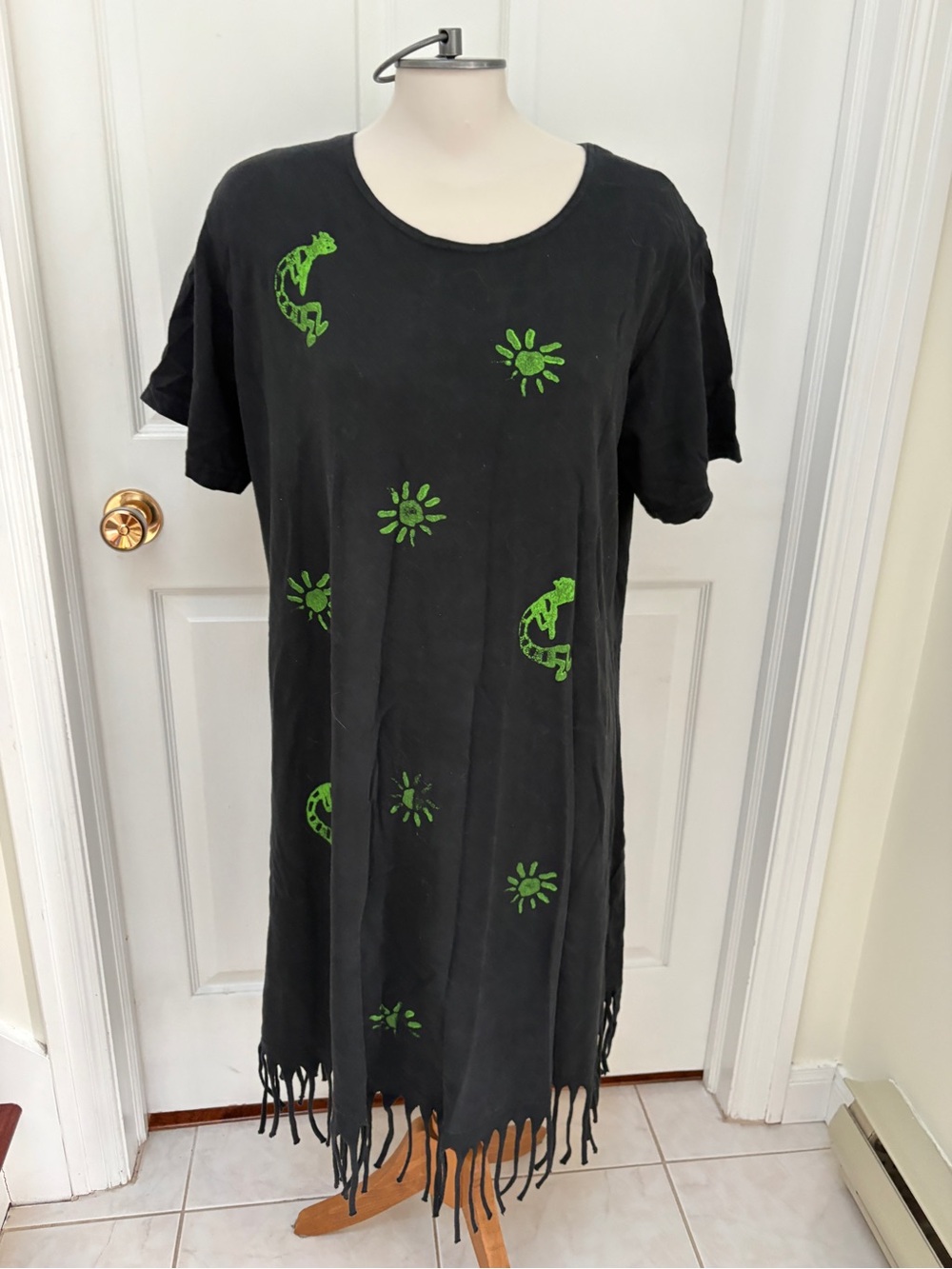 Cover Charge Vintage Black Midi Dress with Green Graphic Accents and Fringe
